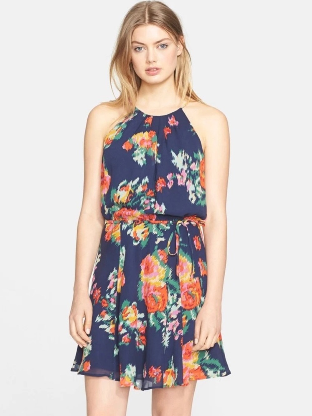 Joie Makana Navy Floral Halter 100% Silk Mini Dress